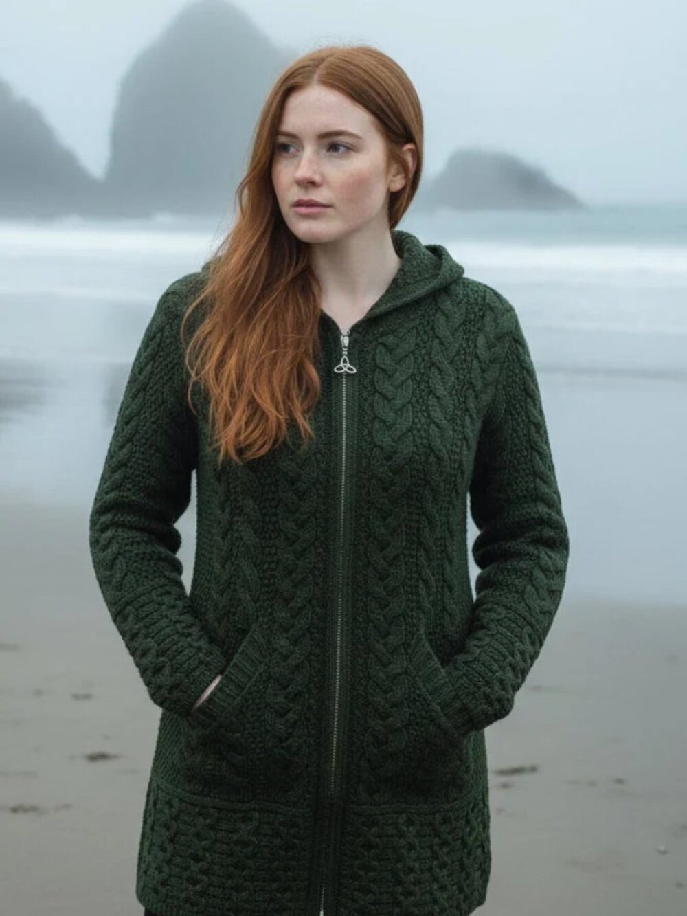 NWT - Aran Crafts Merino Wool Zip Front Cardigan with Hood, Army Green, Size XS